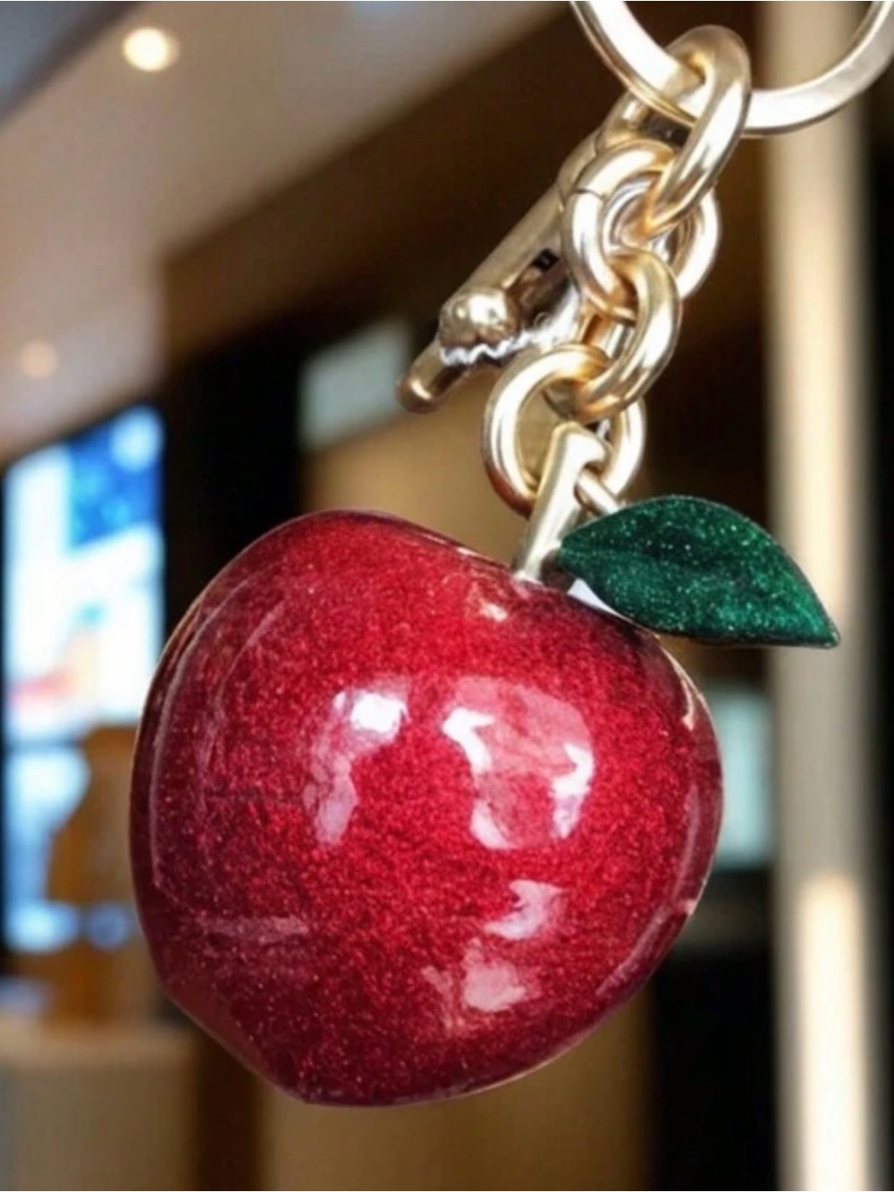 SHEIN Red Glitter Apple Keychain with Green Leaf and Gold Hardware - Picture 2 of 2